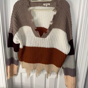 Miracle Distressed V-Neck Sweater in Brown, Cream, and Orange